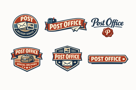 Collection of post office and mail delivery service logos, featuring envelopes, stamps, mailbags, and mailboxes in retro designs