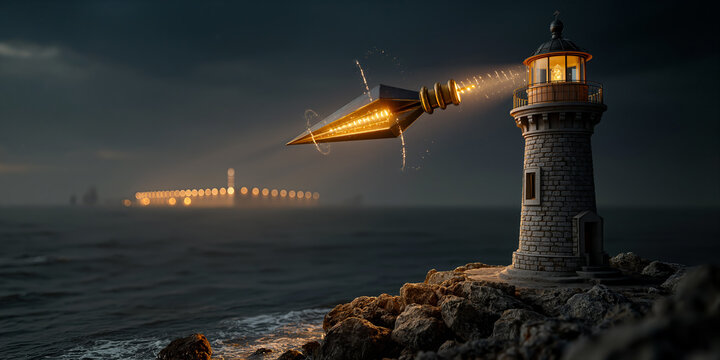 Gleaming gyroscope projects radiant beams above icy shores near quiet lighthouse