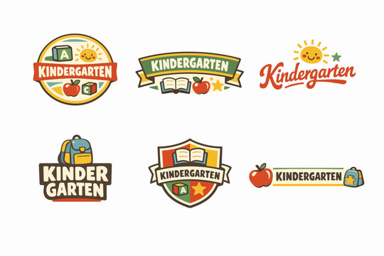 Kindergarten education and preschool logos featuring playful elements like abc blocks, apples, sun, and backpacks