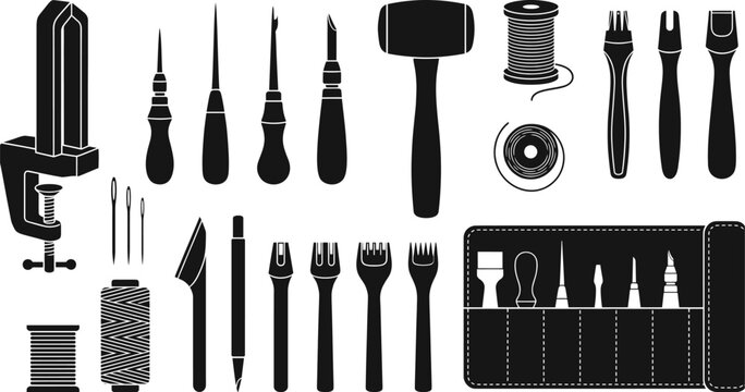 Set of leather craft tools and sewing equipment for handmade work Vector Fashion