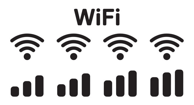 Wifi text with set of black signal icons, including curved waves and vertical bars.