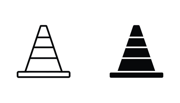 Traffic safety cone icon vector set in clean outline and solid black silhouette style