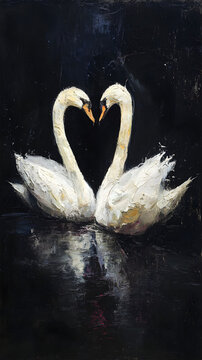 Romantic White Swans Forming Heart Shape on Dark Water Oil Painting
