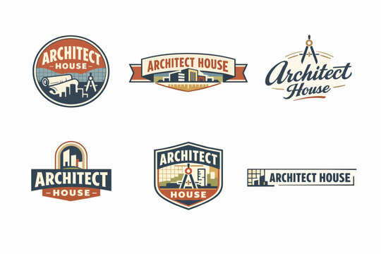 Architect house construction company logo collection with buildings, blueprints, compass, and ruler design in vintage style