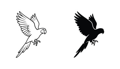 Flying macaw parrot vector illustration showcasing detailed outline and solid black silhouette for tropical bird graphic projects © Abstract