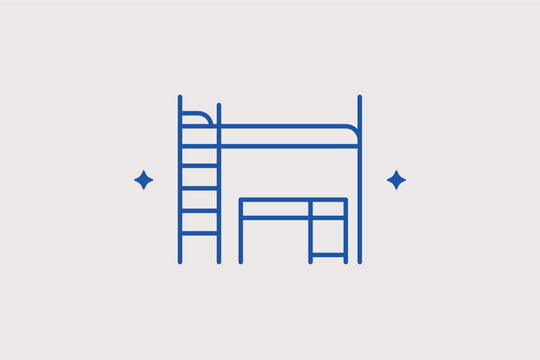 Loft bed with desk line icon for space-saving studio and dorm furniture. Smart vector illustration for interior design portfolios and small apartment ideas.