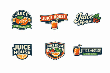 Naklejka premium Juice house logotype set, featuring fresh orange, berry, and strawberry juice badges, healthy drink concepts for bar or cafe branding