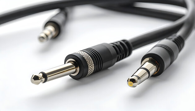 Close-up of a black audio cable with two jack connectors on a white background.