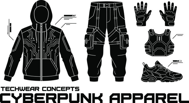 Black techwear cyberpunk clothing set with hoodie pants and accessories Vector Fashion