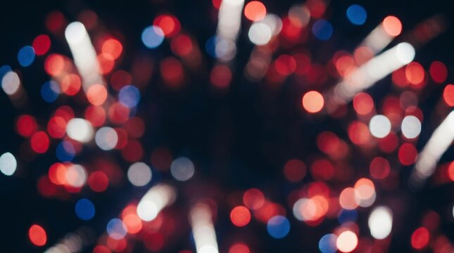 Patriotic Red White and Blue Bokeh Fireworks Background. For website headers, festive social media overlays, holiday greeting card backgrounds, event announcement backdrops. Soft, out-of-focus lights