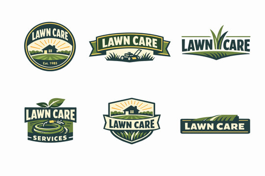 Collection of stylized lawn care service logos, featuring homes, lawnmowers, and green landscapes with grass