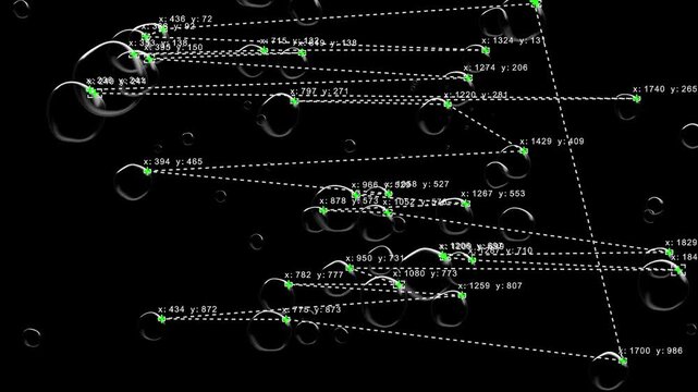 Computer Vision with Object Recognition Scanner Overlay. Big Data. CCTV AI Interface Scanning. Blob Tracking Lines, Coordinates, Bounding Boxes. Plexus style connections. Soap Bubbles