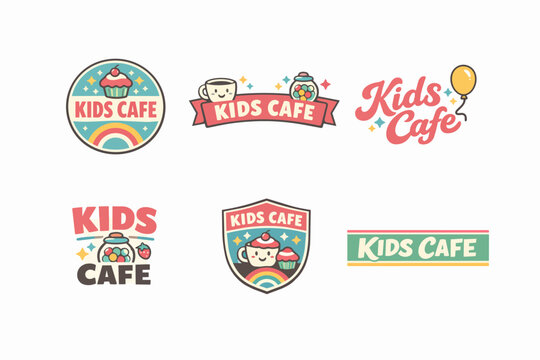Kids cafe logo collection for children's restaurant branding with playful characters and colorful design elements