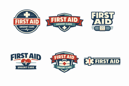 Set of first aid and urgent care modern badges. Emergency medical service and healthcare logo designs for instant help
