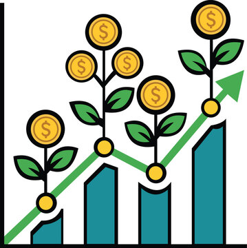 Creative flat vector illustration showing financial growth with coins growing as plants alongside an upward bar chart and arrow. Represents investment, profit increase, savings growth, business succes