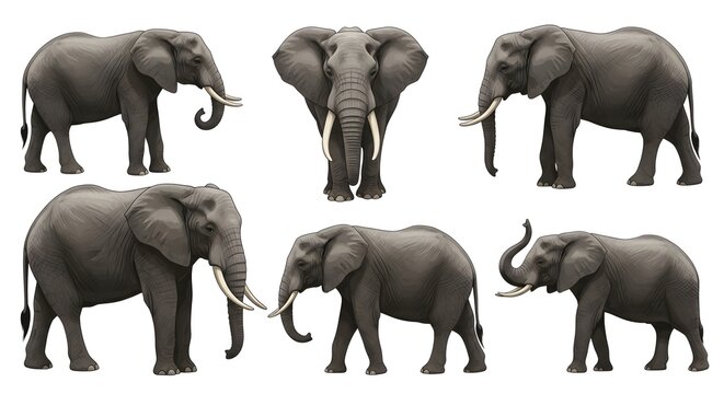 Collection of African Elephants in Various Poses Isolated on White Background.