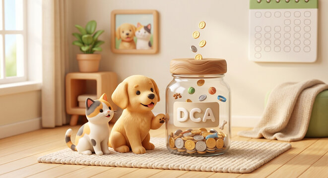 Cute dog and cat sitting next to a glass jar with DCA label and falling coins, Dollar Cost Averaging investment concept in 3D cartoon style