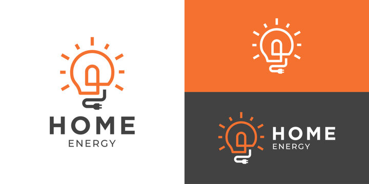 Creative simple home energy logo template. Home with light bulb and plug symbol for home electricity logo design vector illustration.