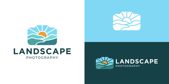 Creative simple landscape photography logo template. Mountain valley hills summit with camera symbol logo design vector illustration.