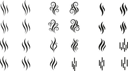 Abstract smoke and steam symbols collection with decorative swirls and vapor lines in black silhouette style vector illustration set for design © Lipon