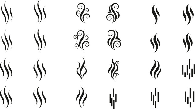 Abstract smoke and steam symbols collection with decorative swirls and vapor lines in black silhouette style vector illustration set for design