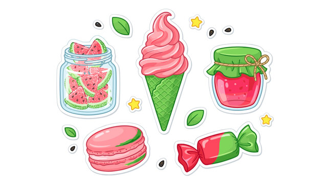 Cute Sweet Dessert Collection with Ice Cream Macaron Candy and Jam Jar Colorful Hand Drawn Vector Illustration Set for Kids Designs
