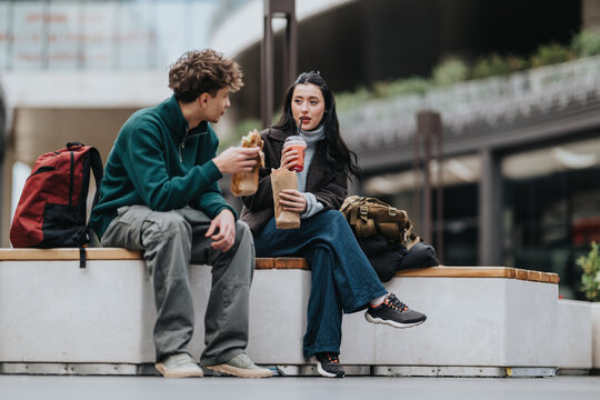 Two high school friends sit on a city bench sharing takeout and drinks. The students chat and eat outdoors in an urban public space.