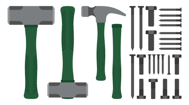 Hammer and Nail Tool Collection with Construction Hardware Carpentry Equipment and Repair Instruments Vector Illustration Set for Industrial Designs