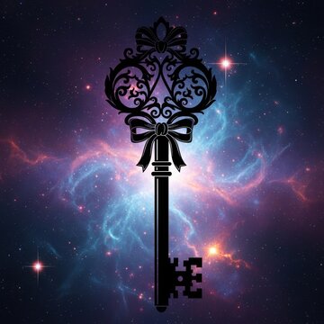 Black decorative key with bow against cosmic space background