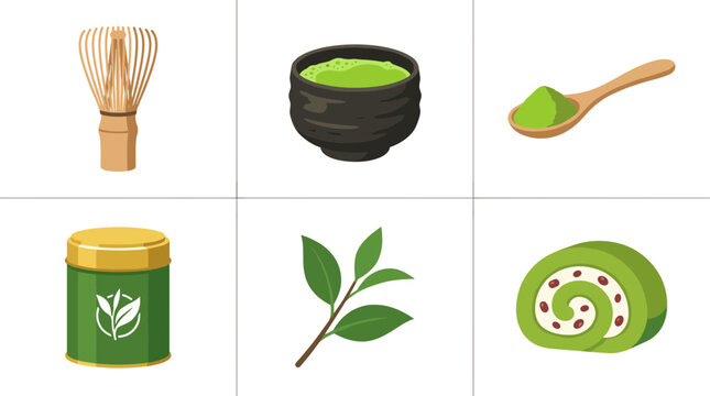 Matcha Tea Elements Collection with Bamboo Whisk Green Tea Bowl Leaves Powder and Swiss Roll Dessert Vector Illustration Set