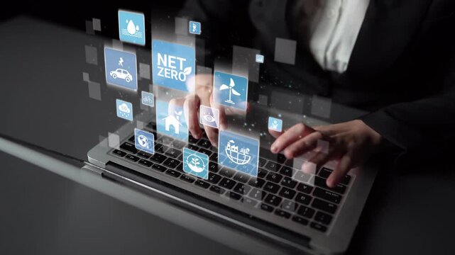 Net zero and sustainability concepts with environmental balance, digital sustainability icons, green energy goals, and eco-conscious digital business transformation for the future. Funnel