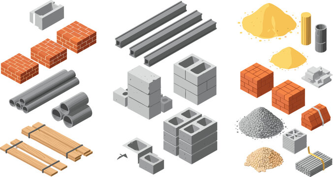 Construction materials set with bricks, concrete blocks, steel pipes, sand, gravel and wooden pallets in isometric flat vector illustration