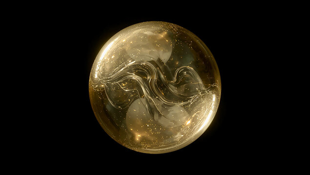 Elegant gold glass sphere with liquid swirls and golden glitter inside, abstract luxury orb isolated on black background.