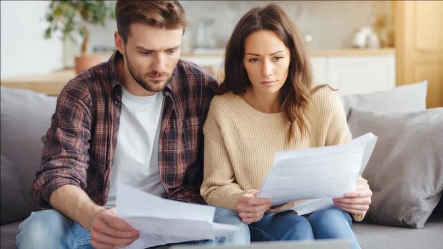 A man and a woman sitting on a couch together, sharing printed papers or forms. They appear engaged in a discussion about the contents of the document.