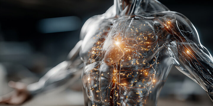Clear athletic display. Enhanced biomechanical performance depicting nerves and muscles