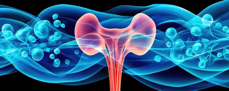 3D rendering of the female reproductive system showing uterus, fallopian tubes and abstract fluid visualization