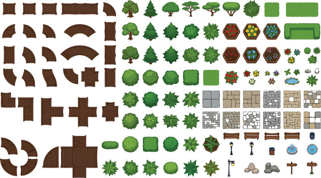 Top down garden landscape design elements set with wooden paths trees bushes stone tiles and park furniture for game map creation vector illustration