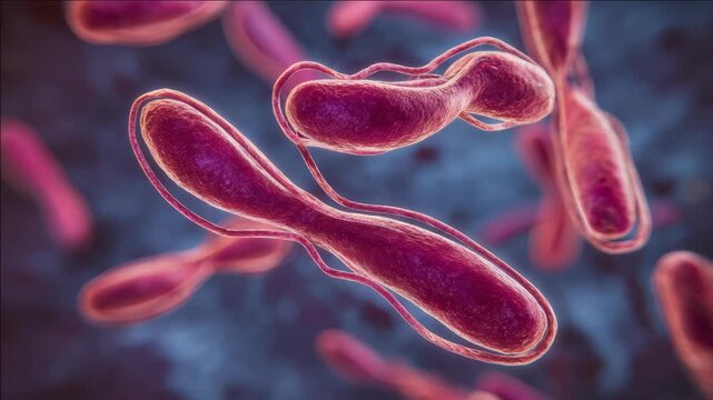 Close-up of bacterial cells with red and blue hues