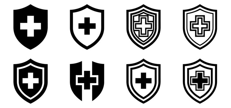 Medical shield with cross icon set for health protection and immunity