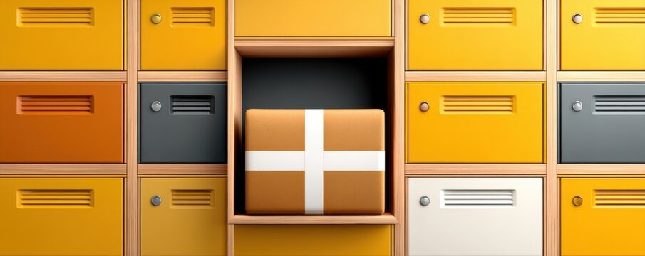 Yellow lockers with a single parcel in an open cubby - modern mailroom storage and delivery concept