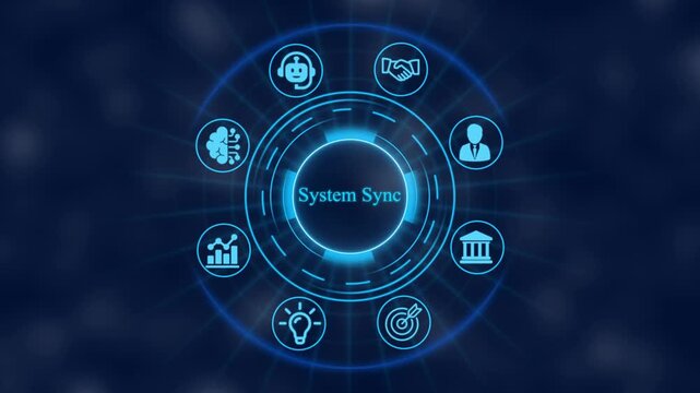 System sync digital interface with rotating business and data analytics hud for corporate technology concepts