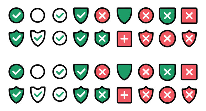 Collection of green and red check mark and cross icons with shields and circles.