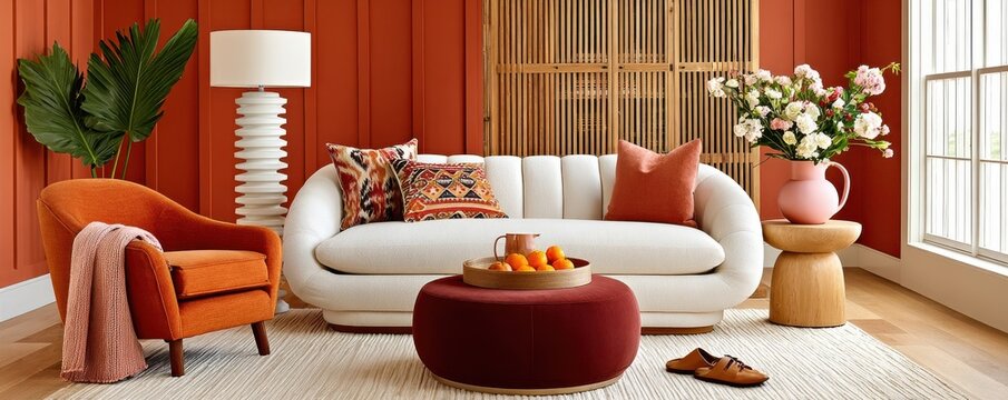 Cozy living room with orange wall, white tufted sofa and warm modern decor