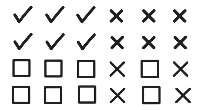 Set of simple checkmark and cross icon vector illustration for web ui application design.