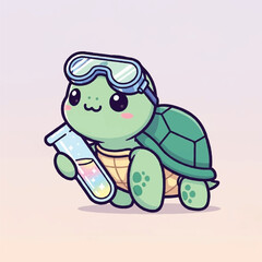 Fototapeta premium Cute Cartoon Turtle Scientist with Goggles and Test Tube.