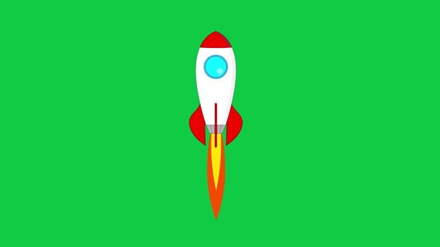 Rocket launch animation. Animated rocket flying upward on a green screen background. Suitable for motion graphics and space projects