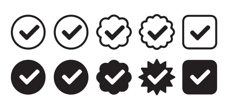 Modern check mark icon set featuring circular and square frames for app interface design.