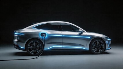 Fototapeta premium Electric car charging with blue lights