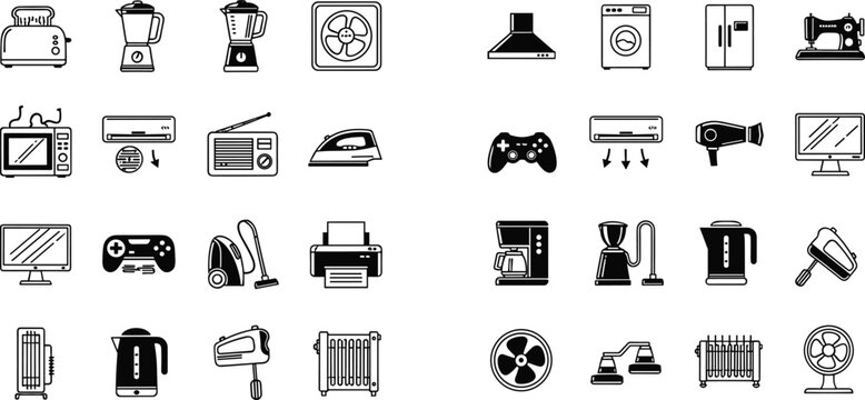 Home appliances icons vector set featuring kitchen electronics air conditioner washing machine vacuum cleaner gaming console and household equipment collection