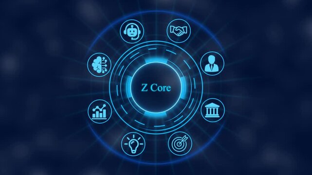 Z core digital interface animation with rotating business and technology for corporate data visualization